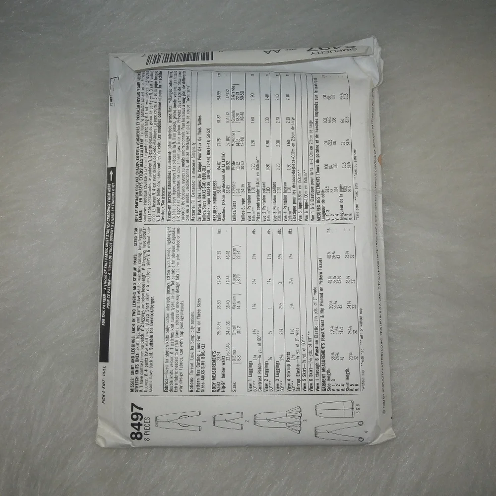 SIMPLICITY 8497 Sz XS-S-M Misses EASY 2 hour Leggings and skirt in variations